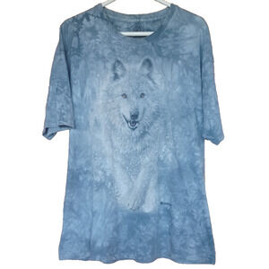 The Mountain 2013 Graphic Print Wolf T-Shirt Tie Dyed Blue Men's XL Snow Scene